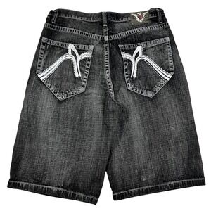 Y2K Mens Black Denim Shorts Embroidered Grunge Baggy Skater Roman Royalty Sz 38